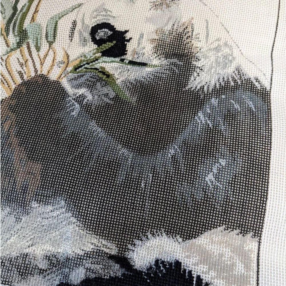 Vintage Hand Painted Needlepoint Canvas‎ Panda with Bamboo PARTIALLY COMPLETED